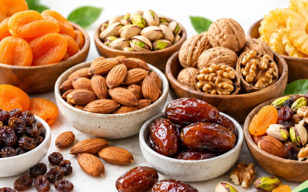 Variedad de frutos secos y fruta deshidratada
